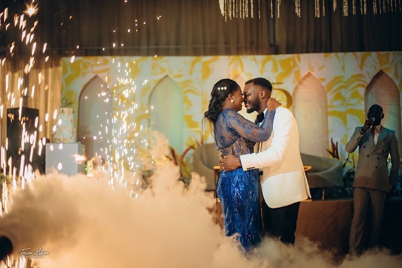 Couple's first dance with stage effects at a celebration